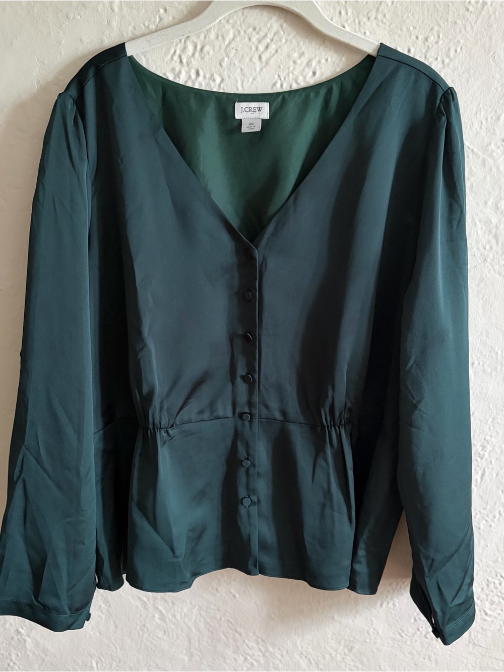 J. Crew Dark Green V-Neck Button-Front Peplum Blouse
